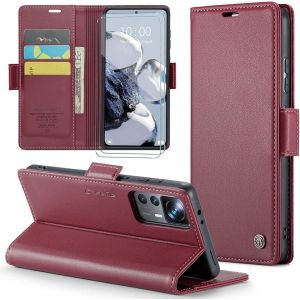 Kal-Coque Pour Xiaomi 12t/Xiaomi 12t Pro/Redmi K50 Ultra+ 2 Pi&egrave;ces Verre Tremp&eacute;,Antivol,Prend En Charge Le Chargement Sans Fil, Pochette Fermeture Magn&eacute;tique Flip Case-Bourgogne - Neuf