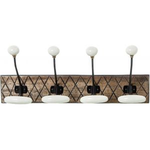Porte-manteau mural en bois avec 4 crochets en m&eacute;tal et c&eacute;ramique en blanc et noir 19 x 48 x 14 cm - Neuf
