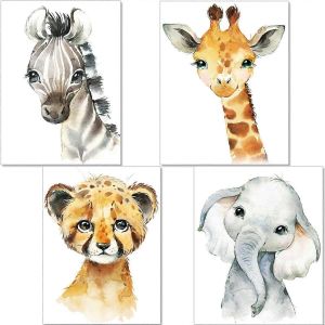 Lot De 4 Posters D&eacute;coration Pour Chambre D'enfant - Posters B&eacute;b&eacute; Gar&ccedil;on Ou Fille - Animaux Safari Jungle - Neuf