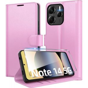 SJZG-Coque Pour Xiaomi Redmi Note 14 5G (Pas Pour 4G) + 1 Verre Tremp&eacute;,[Housse Premium En Cuir Pu][Fentes Pour Cartes][Pochette De Portefeuille],Etui &Agrave; Rabat Pour Redmi Note 14 5G - Rose - Neuf