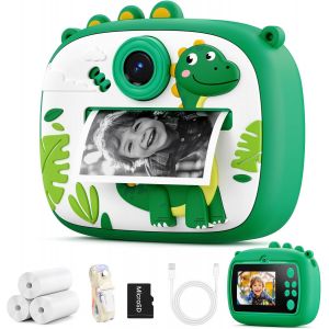 CMWX-Appareil Photo Enfant, 1080P Appareil Photo Numérique, Caméra Selfie Jouet Fille Garçon, Mini Caméra Rechargeable Caméscope Cadeau Jouet Filles Garçons de 3 à 10 Ans (Dinosaure Verde) - Neuf