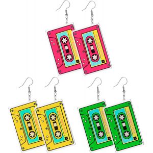 Cmjaagur-3 Paires Boucles D'oreilles N&eacute;on Boucles D'oreilles Pendantes Cassette Pour Femme Boucles D'oreilles Cassette Punk R&eacute;tro Ann&eacute;es 80 Ann&eacute;es 90 Tenue Femmes Filles Halloween Accessoire[M776] - Neuf