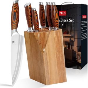 Mevronisshop-Lot De 7 Couteaux De Cuisine En Acier Allemand Avec Manche En Bois De Pakkawood Pr&eacute;cieux Pour Bloc &Agrave; Couteaux De Cuisine - Neuf
