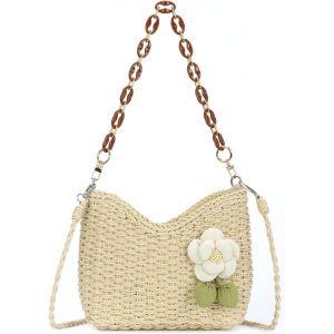 RFCBC-Sac Bandoulière en Rotin avec Fleur Femme été Boho Sac Panier Raphia Tissé avec Chaîne Sac Fourre Tout Paille pour Plage Vacances(Beige) - Neuf