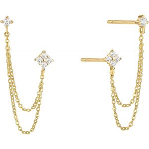 Kal-Boucles D'oreilles Chaîne Pour Femmes - 925 Sterling Silver Four Zircon Flowers Boucles D'oreilles Double Chaîne Frange Piercing Boucles D'oreilles Les Femmes Bijoux Cadeau - Neuf