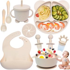 Kal-10 Pi&egrave;ces Coffret Repas Bebe Silicone, Assiette Bebe Set Vaisselle Assiette Ventouse Pour B&eacute;b&eacute;, Bavoir Silicone Bebe, Fourchettes, Enfant Set Couverts Vaisselle Pour Sevrage Manger (Beige) - Neuf