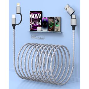 C&acirc;ble de charge extra long pour iPhone 5 m, certifi&eacute; MFi 4 en 1, tress&eacute;, 60 W, c&acirc;ble de charge rapide Lightning/type C/USB A pour iPhone 16/15/14, iPad, Samsung, Android - Neuf