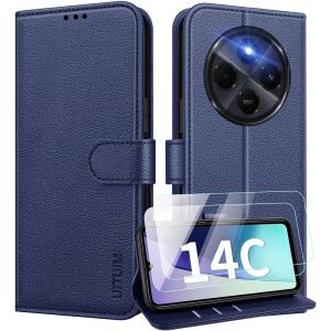 JGD-Coque pour Xiaomi Redmi 14C Coque Etui Portefeuille Cuir avec 2 Verre Tremp&eacute; Protection &Eacute;cran Porte Carte Rabat Clapet Flip Case &Eacute;tui Cover Housse Etui pour Xiaomi Redmi 14C,Bleu - Neuf