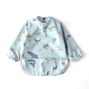 Tablier Impermeable Pour Enfant Avec Poche Et Manches, Bavoir Doux Et Lavable, Tenue Coloree Pour Le Repas, Motif Dinosaure Bleu, Taille S (6 A 12 Mois) - Neuf