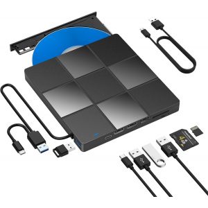Lecteur CD DVD Externe, Graveur USB 3.0 et Type-C avec Lecteur de Carte SD/TF et de USB, Lecteur de DVD-ROM CD-ROM CD-RW VCD pour Windows 7/8/10/ Vista/XP/Mac OS, Laptop, Desktops - Neuf