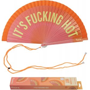 KALANKA-fisura u2013 Éventail original avec message « It`s f*cking hot ». Accessoire en bois réversible tendance et vibrant. Ventilateur main dégradé rose orange. Crochet inclus. 42,5 x 23 cm - Neuf