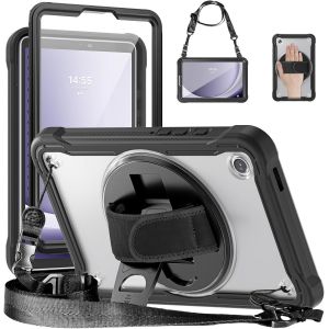 Coque Pour Samsung Galaxy Tab A9 8.7"" 2023,(Sm-X110/X115/X117),Étui Antichoc Avec Protection D'écran,Support Pivotant,Arrière Transparente,Dragonne Et Dandoulière Réglable/Amovibles,Noir - Neuf