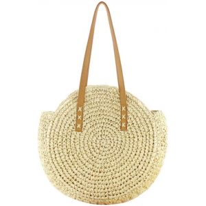 RFCBC-Sac Bandoulière en Paille, Sac à Main Rond en Paille de Plage D'été pour Femme Tissé à la Main, Grand Sac à Main Décontracté avec Fermeture à Glissière pour Les Voyages et Les Vacances - Neuf