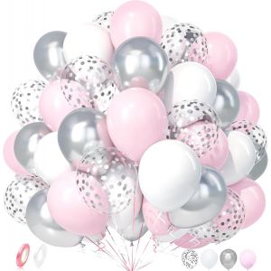 TRAHOO-Ballons Rose et Blanc Pastel, 50 Pièces Macarons Rose Métal Argent Confettis Ballon Hélium Ruban Fille Enfant Douche Bébé Baptême Révélation Genre Anniversaire Mariage Valentin Graduation Déco - Neuf