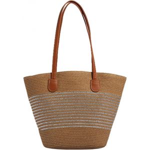 SJZG-Sac Tiss&eacute; En Paille Pour Femme Sac De Plage D'&Eacute;t&eacute; Boh&egrave;me Sacs Port&eacute;s &Eacute;paule Fourre-Tout Tress&eacute;s &Agrave; La Main Cabas Hobo R&eacute;tro Sac &Agrave; Main Pour Voyage Plage Vacances Argent - Neuf