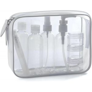 KALANKA-Kit de Voyage Transparent, Trousse de Toilette Transparent, 5pcs Bouteilles Vides (Max.100ml) + Étiquettes Vierges + Feutres à Encre Permanente - Neuf
