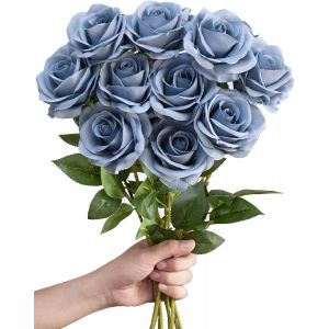 Lot de 10 roses artificielles en soie - Gris et bleu - Bouquet r&eacute;aliste pour loisirs cr&eacute;atifs - Neuf