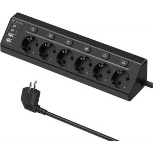 Multiprise d'angle avec 2 USB et 2 Type-C, multiprise 6 voies avec interrupteurs individuels, multiprise avec rallonge de 2 m pour bureau, coin - Noir - Neuf