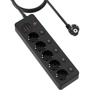 Multiprise avec 4 USB, 5 Prises Multiprise avec Interrupteur Individuel et Parafoudre, Prise Multiple Multiprises Murale avec PD20W et QC3.0, Câble 1.8m 3250W/13A pour Bureau Cuisine-Noir - Neuf