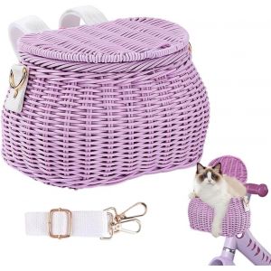 Kal-Panier De Vélo Pour Enfant Avant - Grand Panier Avec Couvercle - Tressé - Pour Filles Et Enfants - Avant Amovible - Panier De Guidon De Vélo Pour Enfants - Avec Lanières En Cuir - Neuf