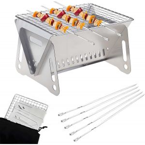 JGD-Mini Grille Barbecue Pliable avec 5 Pcs Inox Brochettes, Barbecue Portable Mini Barbecue &agrave; Charbon Pliable BBQ GrillBarbecue, R&eacute;chaud de Cuisson Portable, Pique-niques, Camping - Neuf