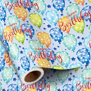 Rouleau De Papier Cadeau D'anniversaire Pour Garçons Et Filles, Aquarelle, Motif Ballon Et Étoile, Avec Inscription « Joyeux Anniversaire », Pour Fête Et Célébration, 43,2 Cm X 5 M - Neuf