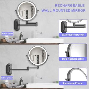 Makeup Mirror 8 Inch Wall Mounted Makeup Mirror With 10x Magnifying Led For Vanity Table, Bathroom And Shaving - Usb Rechargeable, Adjustable Brightness And Color Temperature (Black-10x) - Neuf