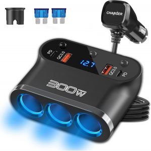 7-en-1 Multi Prise Allume Cigare Adaptateur 300W: 12V/24V Chargeur Allume Cigare 3 Prise Dual PD3.0 et QC3.0 avec Interrupteur LED Voltage Charge Rapide pour Tablette Phone GPS Dash Cam - Neuf