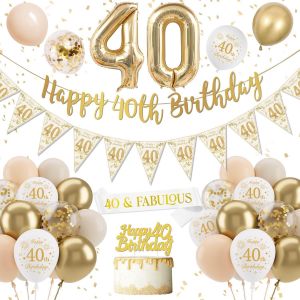 ChicSlick-Décoration 40 Ans Blanc Or - Ballons, Banderole Joyeux Anniversaire, Confettis Et Latex Pour Femme[X112] - Neuf