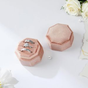 (Rose) 1 boîte à bagues en velours 3 emplacements pour bagues de Saint-Valentin, boîte à bagues octogonale avec couvercle amovible - Neuf