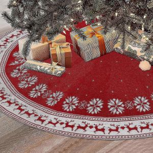 Grande jupe de sapin de No&euml;l, tapis de sapin rustique de 90 cm avec flocons de neige et rennes, en tricot rouge, pour la d&eacute;coration int&eacute;rieure et ext&eacute;rieure. - Neuf