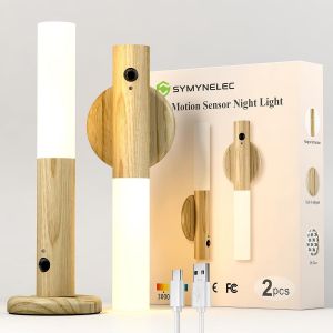 Applique Murale Sans Fil Bois, Veilleuse Led Rechargeable Murale Avec Détecteur De Mouvement, Lampe De Chevet Murale À Pile, Veilleuse Magnétique Pour Escalier Chambre Couloir (Bois Clair) - Neuf