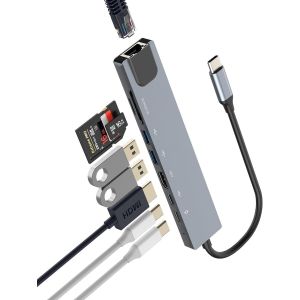 USB C vers HDMI Ethernet TF lecteur de carte SD Type-C double adaptateur USB A (8 en 1) pour Apple iPhone 15 Hub Monitor Port pour TV Dongle Thunderbolt Chargeur Splitter Câble Display Station - Neuf