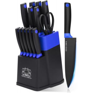 Mevronisshop-Couteau Cuisine, 14 Pi&egrave;ces Couteaux De Cuisine Avec Bloc, Avec Aiguiseur Int&eacute;gr&eacute;, Set De Couteaux &Agrave; Steak, X50cr15, Bloc Couteaux Cuisine Avec &Agrave; Pain, Couteau &Agrave; Fruits Et Ciseaux (Bleu) - Neuf