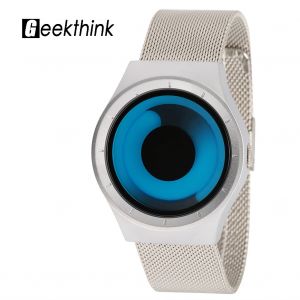 Montre A Quartz Geekthink Sans Aiguilles, Bracelet En Acier Inoxydable, Boitier Rond, Montre-Bracelet Argentee Et Bleue Tourbillonnante - Neuf