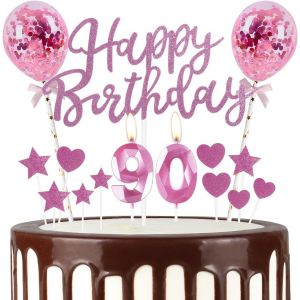 ERYI-Décorations Roses Pour 90E Anniversaire, Bougies Roses En Forme De Chiffre 90, Décorations De Gâteau Et Ballons Pour Filles Et Femmes - Neuf