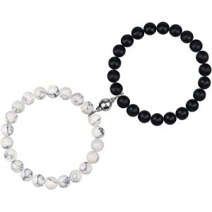 Kal-Ensembles De Bracelets D'attraction Magn&eacute;tique De Couple Pour 2 Bracelets De Relation De Distance Correspondant &Agrave; La Couronne De Perles En Pierre Naturelle Pour Lui Elle (Noir) - Neuf