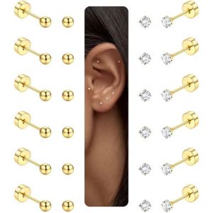 Kal-12 Paires Boucles D'oreilles Pour Femmes Hommes Filles Plaqué Or 14k Acier Chirurgical 316l Cartilage Piercing Tiny Boucles D'oreilles 20g Clear Cz Ronde Vis À Bille Flatback Boucles D'oreilles - Neuf