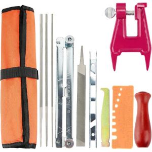 POPU-Affuteuse De Tronçonneuse Kit D'Affûtage De Chaîne De Tronçonneuse,Avec Lames Rondes,Lime Plate,Souche De Tronçonneuse,Poignées En Bois,Jauge De Profondeur,Nettoyeur De Rainure Et Autres - Neuf