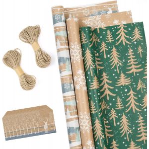 Rouleaux De Papier D'emballage De Noël Avec Étiquettes, Ficelle De Jute - 43 Cm X 3 Mètres Par Rouleau, Total De 3 Rouleaux - Neuf