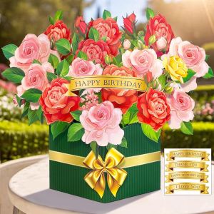 Carte Fete des Meres, Rose Fleurs Carte Anniversaire Femme avec Enveloppe et DIY Autocollants, 3D Romantique Carte Pop Up pour Maman Femme Petite Amie, Cadeau Fête des Mères - Neuf