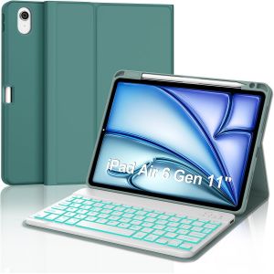 Clavier Pour Ipad Air 11"" 2024 (M2), &Eacute;tui Avec Clavier Pour Ipad Air 6 Generation, Coque Clavier Bluetooth Magn&eacute;tique R&eacute;tro-&Eacute;clair&eacute; Qwerty Italien Pour Ipad Air 6 Gen 11 Pouces 2024, Vert Fonc&eacute; - Neuf