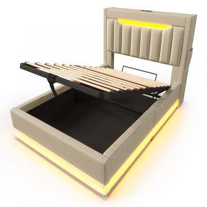 Lit coffre rembourr&eacute; 90x200 t&ecirc;te de lit avec espace de rangement et ports usb et type-c &eacute;clairage led &agrave; la t&ecirc;te et au pied du lit lin beige - Neuf