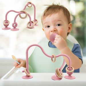 Jouets de Dentition avec Ventouses pour Bebe, Grignoteuse B&eacute;b&eacute; Sans BPA pour Les de 3 6 9 Mois, Montessori Silicone Jouets avec Anneau en Bois pour Naissance Garcon Fille Cadeau (Beige) - Neuf