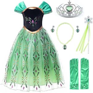 Ehnga-Robe Costume Petites Filles Princesse Elsa Déguisement (120cm, Vert Anna Avec Accessoires) - Neuf
