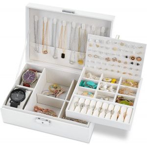 Trahoo-Boite A Bijoux Pour Femme,Boite À Bijoux 2 Couches,Rangement Bijoux Verrouillable Avec Clef, En Cuir Imperméable, Pour Filles Ranger Bagues Colliers Montres (Blanc) - Neuf