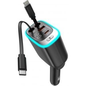 JGD-Chargeur de voiture 4 en 1 USB C PD - Chargeur rapide avec c&acirc;bles r&eacute;tractables - Adaptateur de voiture compatible avec iPhone 16 Pro Max, Samsung, Xiaomi, iPad, AirPods - Neuf