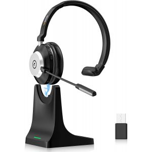 MEVRONISSHOP-Casque Bluetooth Mono avec Micro R&eacute;duction de Bruit AI, Bluetooth 5.2, Base de Charge & Dongle USB, Touche de Muet &iquest; pour Bureau, T&eacute;l&eacute;travail, Visioconf&eacute;rences PC/Smartphone/Teams/Zoom - Neuf