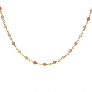 Collier Argent Dor&eacute; Et Pierres Naturelles Quartz Rose Fraise Long 59 Cm - Neuf