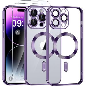 Eryi-Coque Magnétique Pour Iphone 14 Pro Avec 2 Pièces Verre Trempé, Compatible Avec Magsafe, Protection Militaire, Résistante Aux Rayures, Résistante Aux Chocs, Mince Et Transparente, Violet - Neuf